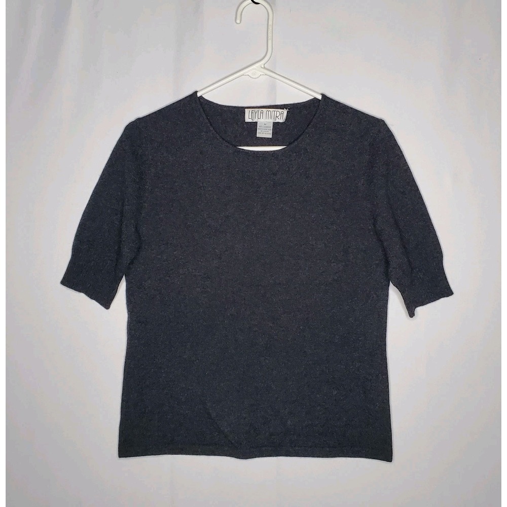 Leyla Mitra Cashmere Sweater Women Medium Short Sleeve Dark Gray Quiet Luxury